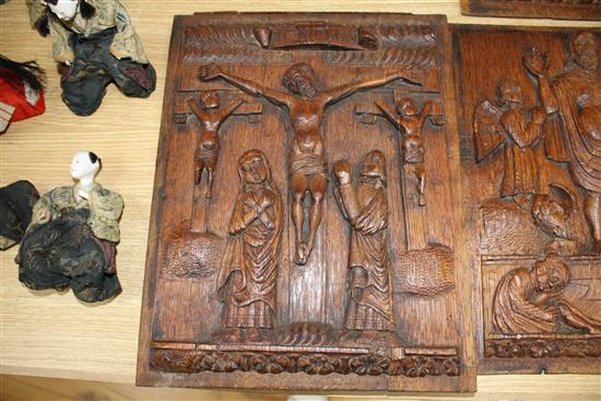 A set of four 19th century Continental relief carved oak religious plaques, depicting biblical scenes, 38 x 29cm